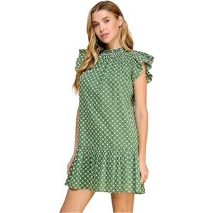 TCEC‎ Green Patterned Mini Dress with Ruffle Sleeves 100% Cotton